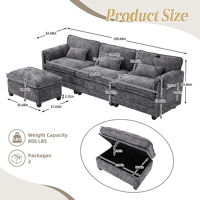 KEIKI 110" L-Shaped Boucle Modular Sectional Chenille Sofa with 1 Ottoman & Memory Foam Cushion & Phone Holder & USB, Upholstered Modern Oversized 4-Seater Couch, Easy Assembly, for Living Room, Gray
