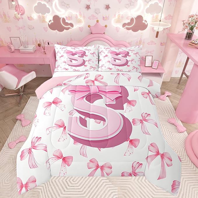 jejeloiu Kids Girls Cute Pink Bow Comforter Set King Size Monogrammed Bedding Set Ultra Soft Personalized Initial S Duvet Quilt Coquette Bow Knot Quilt Set Room Decor Modern Fashion Comforter