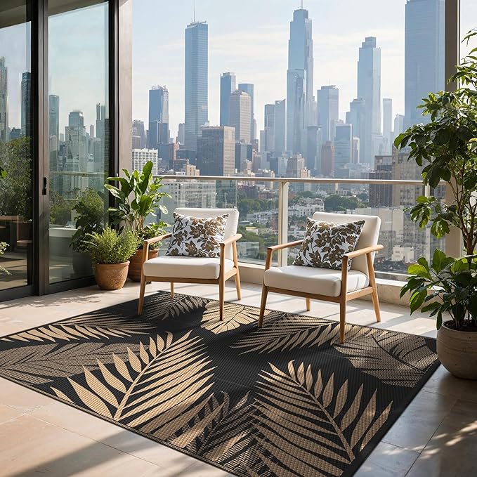 Outdoor Rug 4’x6’ Waterproof for Patio Clearance, Reversible Indoor Outdoor Plastic Straw Camping Rug Carpet, RV Mat, Large Area Rug for Deck, Backyard, Balcony, Porch, Beach, Black & Brown