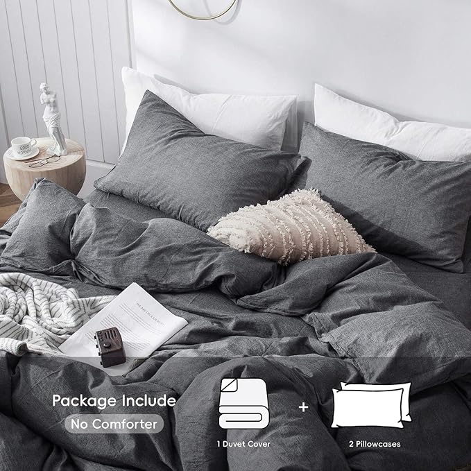MooMee Bedding Duvet Cover Set 100% Washed Cotton Linen Like Textured Breathable Durable Soft Comfy (Heathered Dark Grey, Full 80"x90")