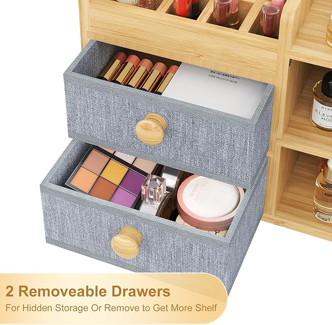 Bamboo Makeup Organizer Countertop For Vanity Dresser,Large Bathroom Counter Organizers And Storage,Cosmetic Skincare Perfume Organizer With 3 Makeup Brush Holder/2 Drawers/5 Shelves /8 Compartments