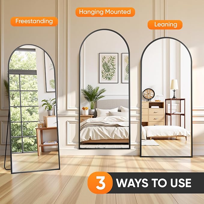 Suidia Full Length Mirror, 58"x21" Floor Standing Mirror Freestanding, Full Body Mirrors with Stand for Bedroom, Hanging Mounted for Living Room Cloakroom, Black, Arched Style