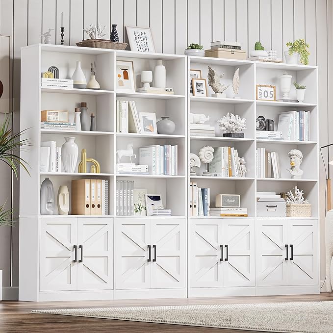Farmhouse Bookshelf and Bookcase with 4 Doors Set of 2, 6 Tier Large Book Shelf with Storage Cabinets, Floor Standing Display Shelves, 71” Tall Book Case for Home Office, White