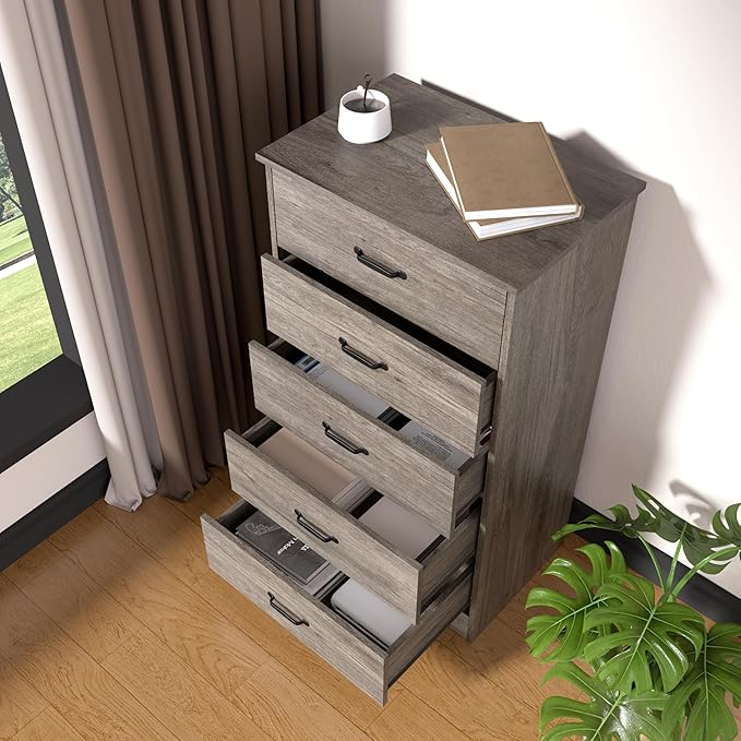 Farmhouse 5 Drawer Dresser, Small Wooden Chest of Drawers Classic White Dresser for Bedroom Living Room Entryway (Dark Gray, 5 Drawer)