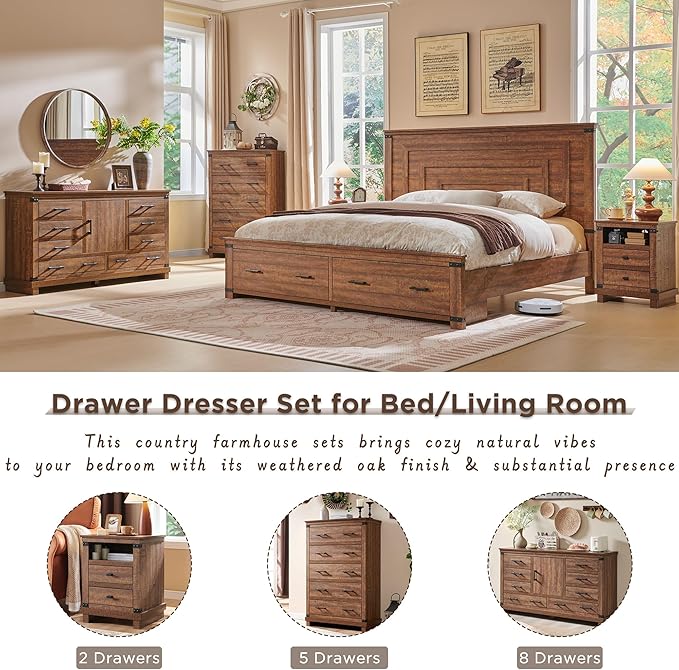 RedLemon Farmhouse 7 Drawer Dresser for Bedroom - Wood Large Dressers & Chests of Drawers for Closet with Storage for Bedroom, Living Room, Reclaimed Barnwood Color