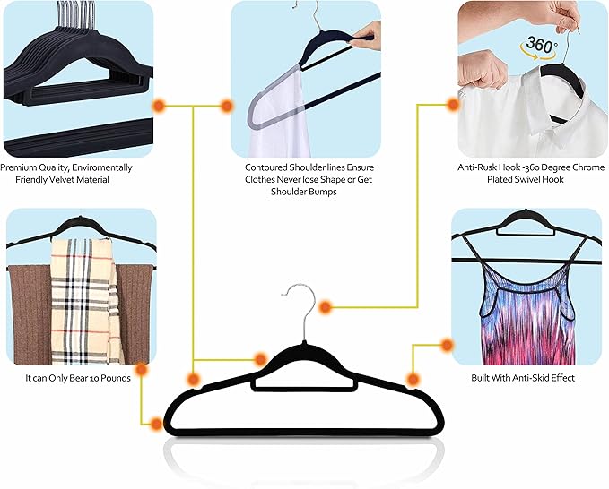 Premium Velvet Hangers, [50 Pack] Non Slip and Heavy Duty Velvet Suit Hangers (45cm) with Tie Bar, 360° Swivel Hooks, Sturdy to Hold Jumper, Pullovers, Jackets & Hoodies (50 Pack, Grey)