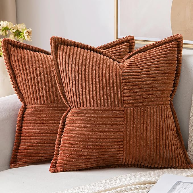 MIULEE Dark Rust Fall Decorative Euro Sham Throw Pillow Covers for Couch Bed Livingroom 24x24 Inch Set of 2 Boho Accent Throw Pllows Broadside Striped Patchwork Soft Corduroy Pillowcases