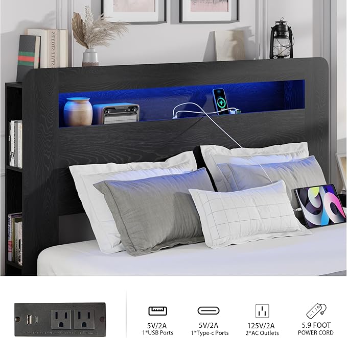 King Size Wooden Bed Frame with Bookcace Storage Headboard, Rustic Farmhouse Bedframe with LED Lights and Charging Station, Sturdy and Stable, Slat Support, No Box Spring Required (Black, King)