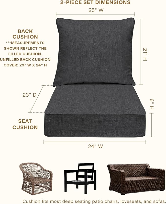 Honeycomb Outdoor Deep Seat, 24 x 23, Textured Solid Charcoal Grey Chair Cushion for Patio Furniture