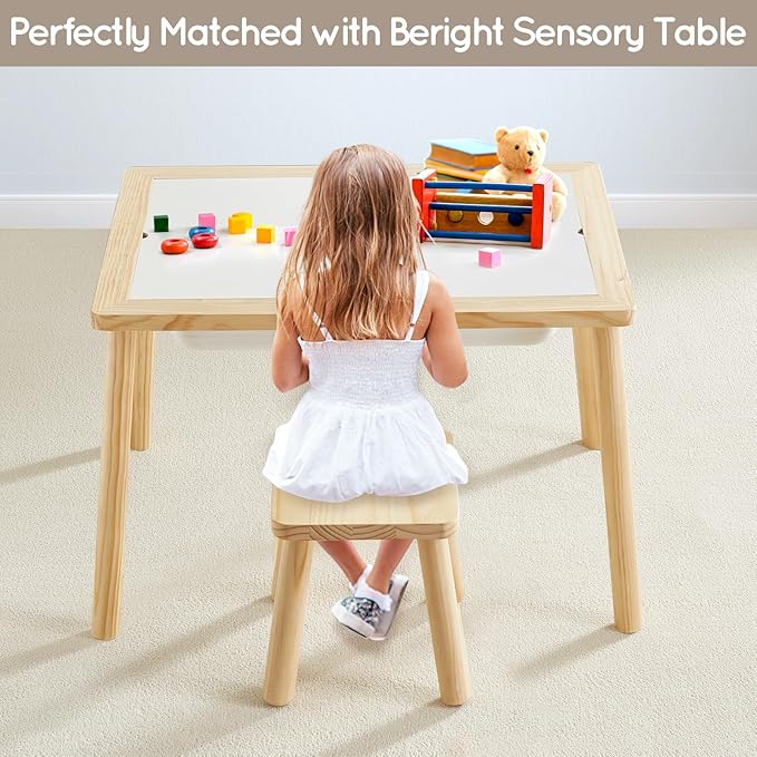 Beright Wooden Step Stool for Kids, Children's Stool fit with Sensory Table, Sturdy Sitting Stool with Assembled Four-Legged, for Children, Toddler, Square, 1 Pack