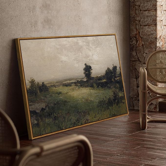InSimSea Framed Canvas Wall Art Vintage Decor, Framed Vintage Landscape Canvas Wall Art, Wild Field Oil Painting Prints, Cottagecore Bedroom Bathroom Office Decor, 24"x36"