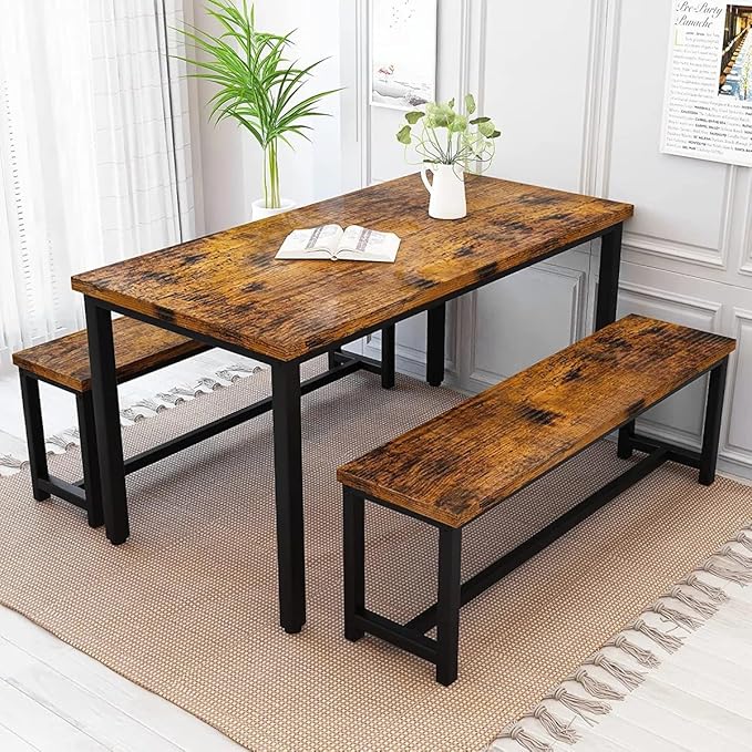 Recaceik Dining Table Set for 4 Kitchen Dining Room Set with 2 Dinner Benches, Farmhouse Breakfast Table for Apartment Small Space, Easy Assembly