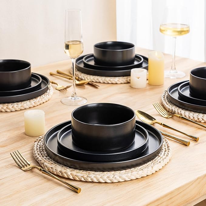 GBhome Ceramic Dinnerware Sets for 6, Matte Stoneware Plates and Bowls Sets,Chip and Scratch Resistant Dishes, Dishwasher & Microwave Safe, Oven safe,Reactive Glaze-Black