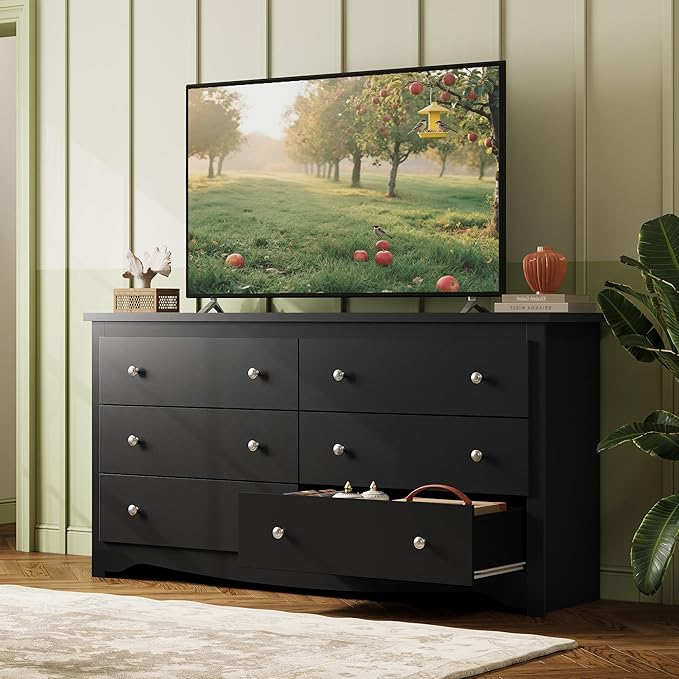 WLIVE Black Dresser with 6 Drawer, 59" Wide Chest of Drawers for Bedroom, Wood Long Nightstand with Drawers, Modern Large Storage Tower Unit, Closet Store Organizer for Living Room