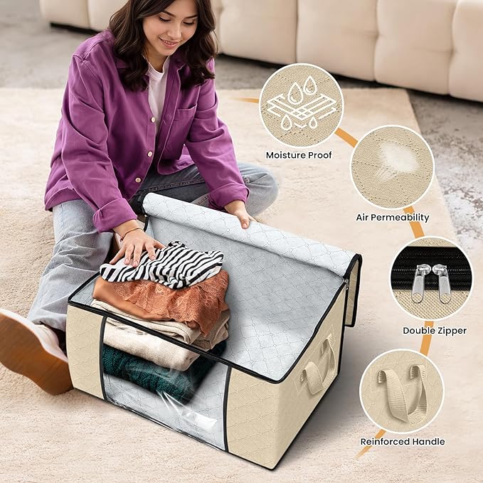 Fab totes 6 Pack Clothes Storage, Foldable Thick Fabric Blanket Storage Bags, Containers for Organizing Bedroom, Closet, Clothing, Comforter,Organization with Handle,Beige