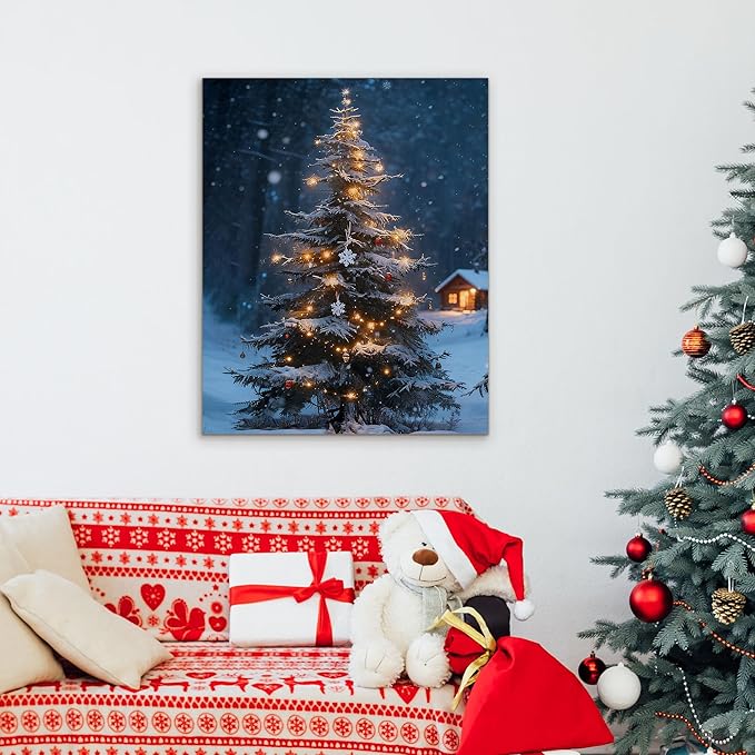 Framed Christmas Pictures Wall Decor,Vintage Pine Tree Prints,Winter Christmas Canvas Wall Art Decoration for Bedroom Bathroom Living Room Rustic Xmas Holiday Gifts (Christmas Tree 19, 16'' X 20'')