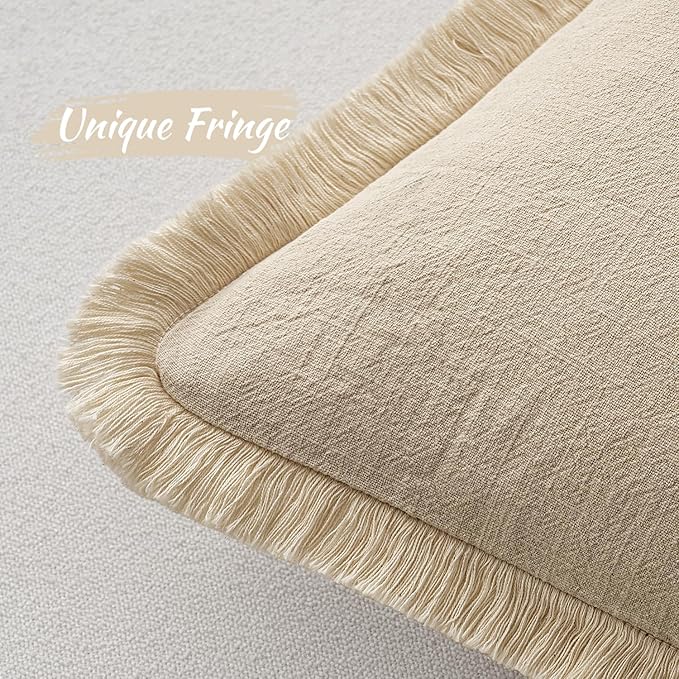MIULEE Decorative Throw Pillow Covers Neutral Linen Fringe Throw Pillows Euro Shams Set of 2 Beige Boho Farmhouse Cushion Covers for Couch Sofa Bed Living Room Spring Home Decor 24x24 Inch