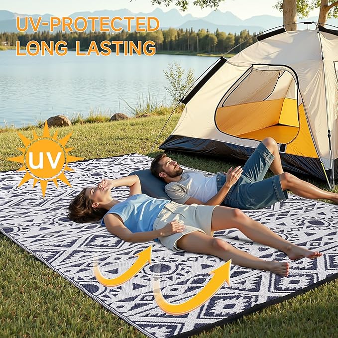 Outdoor Rug Waterproof 5x8 ft, Reversible Outdoor Plastic Straw Rug Patio Rug, RV Rugs for Outside, Outdoor Carpet for Patio Camping Deck Balcony Backyard, Blue & White