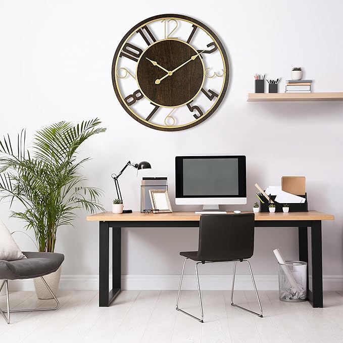 Sorbus 24-Inch Large Wall Clock – Wooden Decorative Clock for Living Room, Kitchen, Bedroom, Office – Easy to Hang Analog Wall Art (Brown)