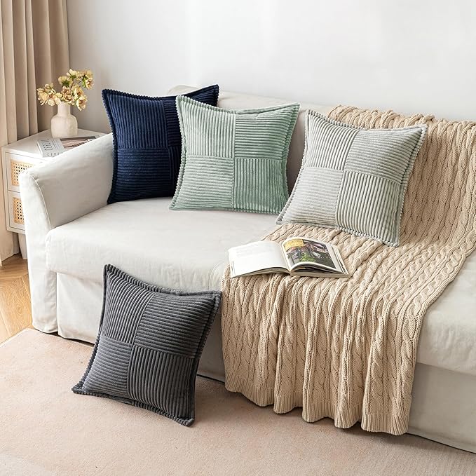 MIULEE Decorative Throw Pillow Covers for Couch Bed Livingroom 18x18 Inch Set of 2 Greyish Green Boho Accent Throw Pllows Broadside Striped Patchwork Soft Corduroy Summer Pillowcases