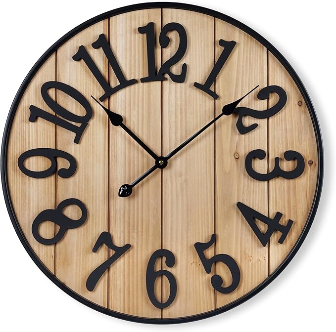 Large Wall Clock 20IN, Silent Metal Wood Style Wall Clocks Battery Operated for Living Room Decor, Farmhouse Big Wall Clock, Outdoor