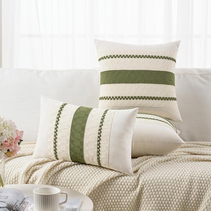 Fancy Homi Set of 2 Boho Moss Green Long Lumbar Decorative Throw Pillow Cover 12x24 Inch for Couch Bed Sofa Chair, Modern Organic Farmhouse Home Decor, Soft Cotton Cute Accent Rectangle Cushion Case