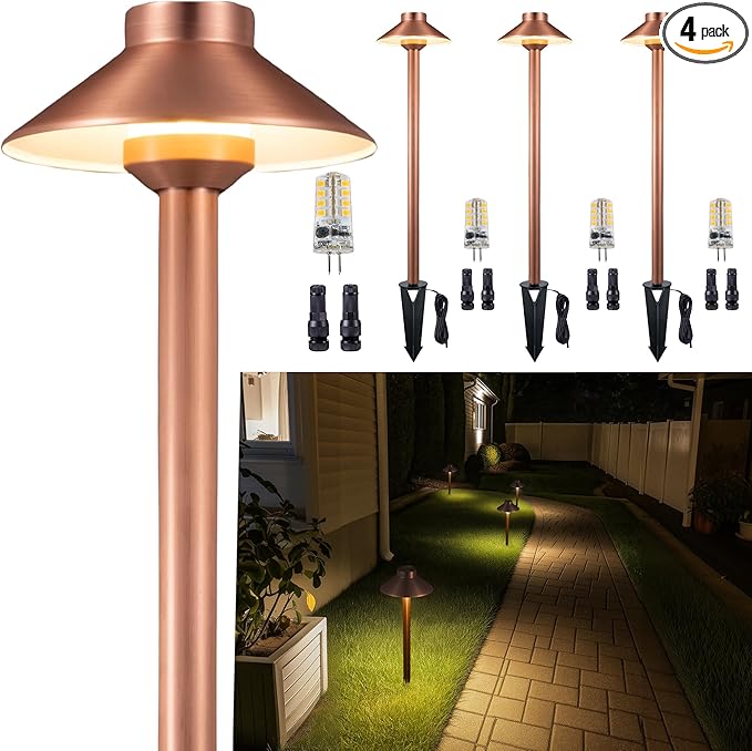 Brass Copper Low Voltage Path Lights, Landscape Pathway Light, 12V LED Outdoor Bronze Hat Top Walkway Lamp for Driveway Yard Garden with 3W 270LM 4000K G4 Bulb 4 Pack