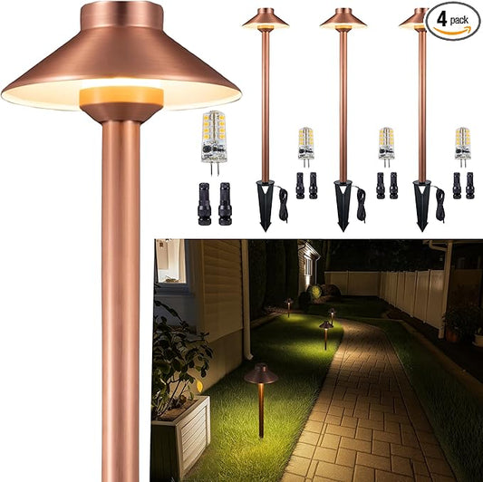 Brass Copper Low Voltage Path Lights, Landscape Pathway Light, 12V LED Outdoor Bronze Hat Top Walkway Lamp for Driveway Yard Garden with 3W 270LM 5000K G4 Bulb 4 Pack