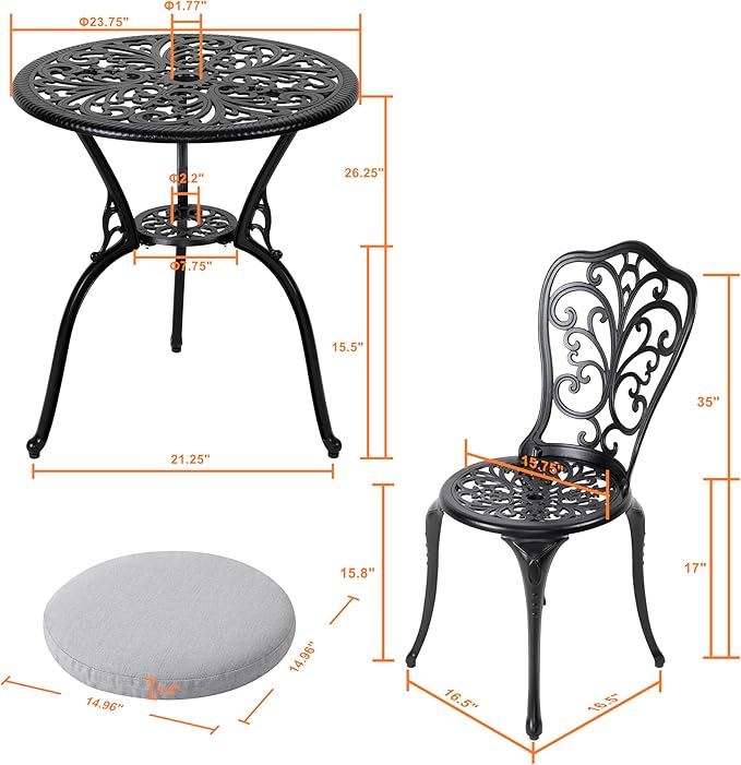 NUU GARDEN 3 Piece Outdoor Bistro Table Set, All Weather Cast Aluminum Patio Bistro Sets Patio Table and Chairs Set of 2 with Umbrella Hole for Yard, Garden, Balcony, Black