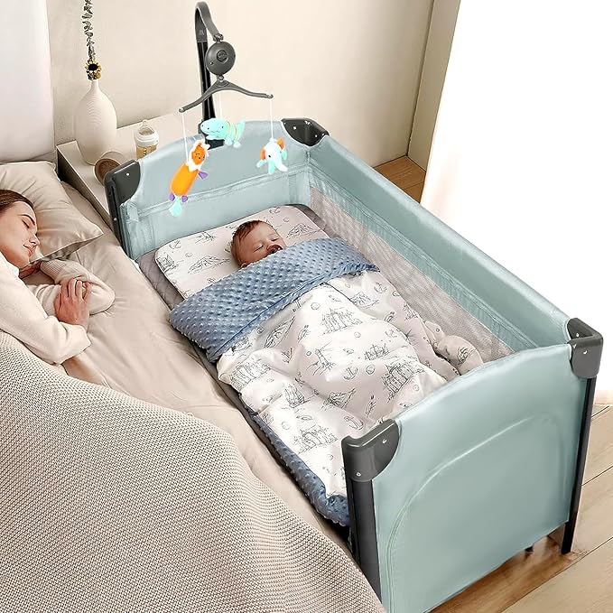 JOYMOR Baby Bassinet, Pack and Play with Bassinet and Carry Bag, Convert to Bedside Sleeper with Toy, Wheels for Boys Girls (Green)