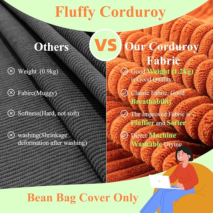 Stuffed Animal Storage Bean Bag Chair Cover, Cover Only (No Filler), Corduroy Toy Organizer Floor Cushion Seat, 48 in/120 cm Slipcover for Teens & Adults,Green