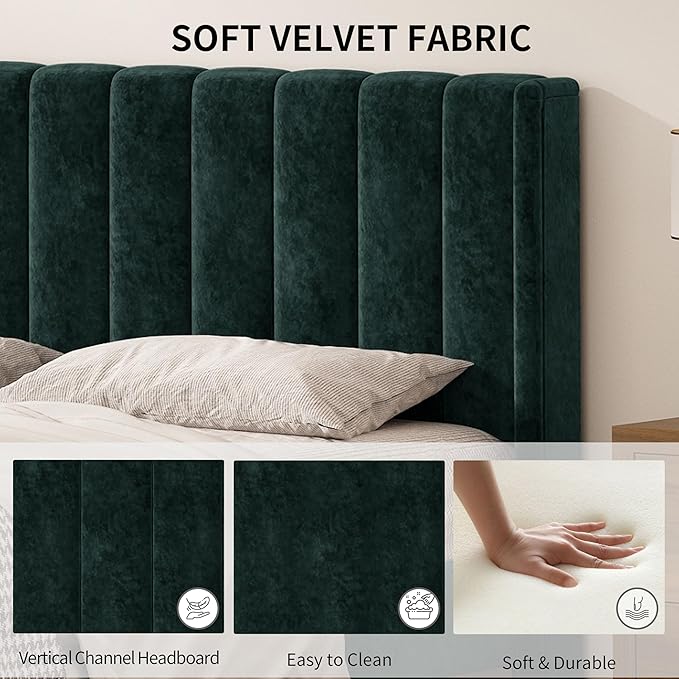 Full Size Upholstered Platform Bed Frame with Modern Wingback & Vertical Panel Headboard, Velvet Fabric, Wooden Legs & Slats Support, No Box Spring Needed, Noise-Free & Easy Assembly, Ink Green
