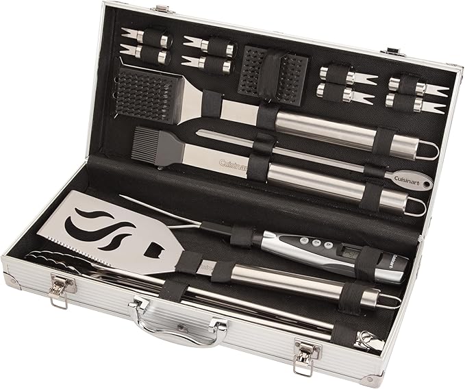 Cuisinart Deluxe Grill Tool Set, 20-Piece Grill Tools BBQ Accessories with Aluminum Case & Digital Temperature Fork, Spatula, Tongs, Stainless Steel Grilling Accessories, Grilling Set for BBQ