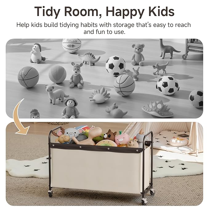 StorageWorks Toy Chest Storage with Wheels, Extra Large Kids Toy Box, Toy Storage Organizer, Metal Toybox for Bedroom, Living Room Area, Kids Room, 135L, Beige