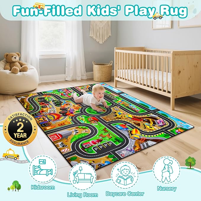 Kids Rug, 3x5 Ft Non-Slip Monster Truck Play Rug, Extra Thick (0.4in), Educational LearningTraffic Road Car Carpet for Nursery, Classroom, Playroom & Bedroom