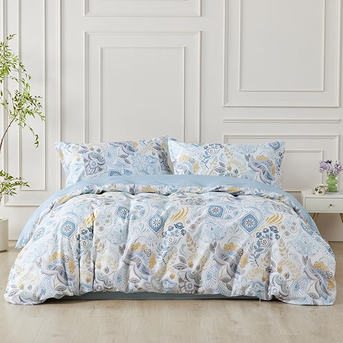 SAPHREAS Blue Floral Duvet Cover Set Full Size Geometric Pattern Botanical Blossom Bedding Comforter Cover Set 100% Cotton 1 Duvet Cover 2 Pillow Shams, Comforter Not Included