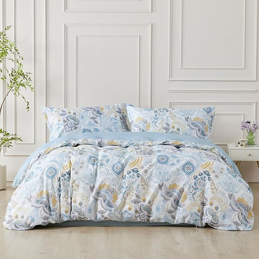SAPHREAS Blue Floral Duvet Cover Set Full Size Geometric Pattern Botanical Blossom Bedding Comforter Cover Set 100% Cotton 1 Duvet Cover 2 Pillow Shams, Comforter Not Included