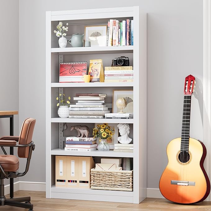61" Metal Bookshelf and Bookcase | 5-Tier Adjustable Shelves, Deep Modern Storage Shelf for Living Room, Office, Bedroom (White)