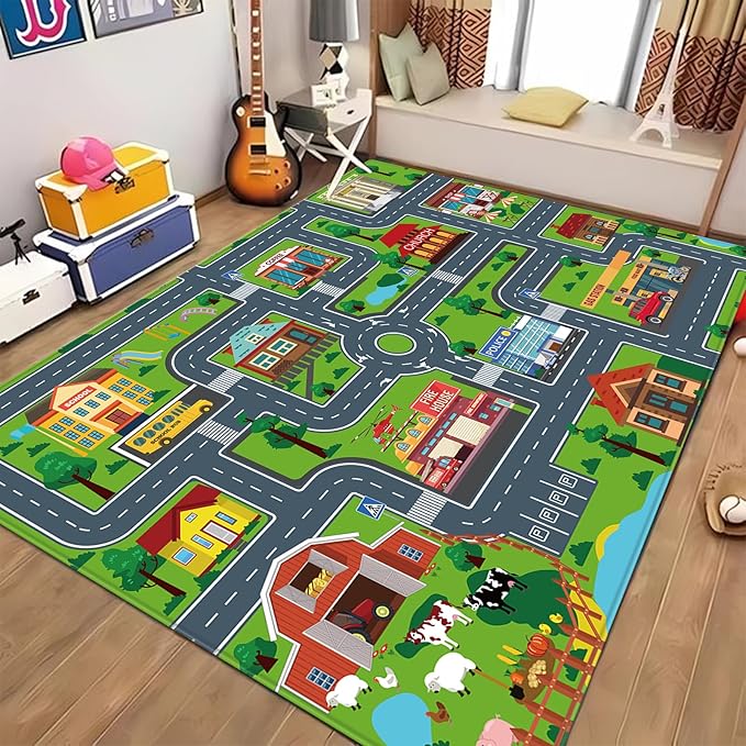 Kids Carpet Playmat, Kids Rug for Playroom Car Mat Town City Road Map Playmat, Extra Large Boys Kids Car Track Play Rug Bedroom, Living Room (Style Four, 110.2 X 78.7 INCH)