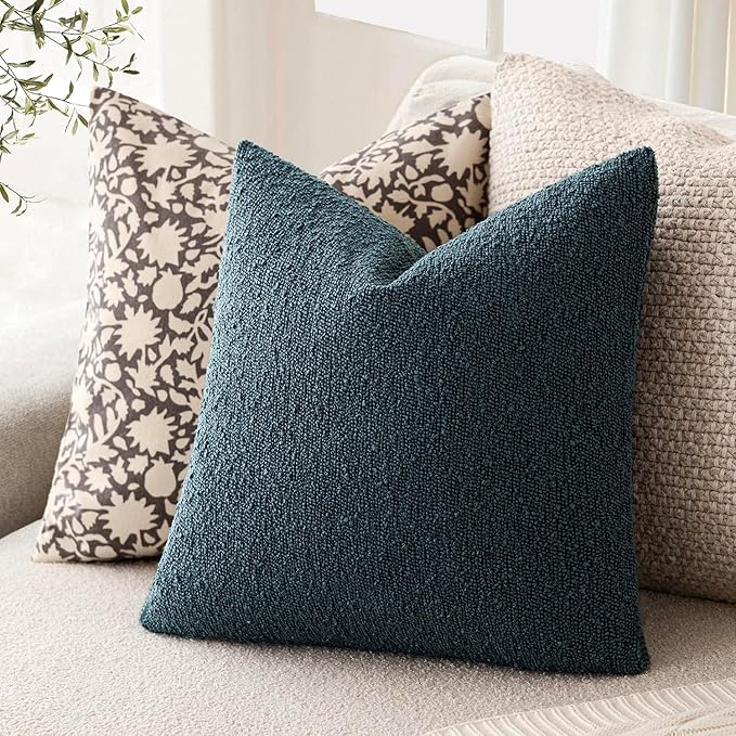 Foindtower Set of 2, Decorative Textured Boucle Throw Pillow Covers Accent Solid Pillow Cases Neutral Couch Cushion Case for Chair Sofa Bedroom Living Room Home Decor 24x24 Inch Dark Blue