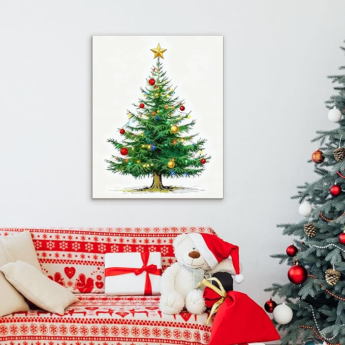 Framed Christmas Pictures Wall Decor,Vintage Pine Tree Prints,Winter Christmas Canvas Wall Art Decoration for Bedroom Bathroom Living Room Rustic Xmas Holiday Gifts (Christmas Tree 7, 16'' X 20'')