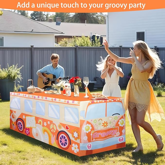 6Ft Groovy Bus Tablecloth,Hippie Birthday Party Decorations for 60s 70s Boho Themed Birthday,Baby Shower,Carnival Party Decorations
