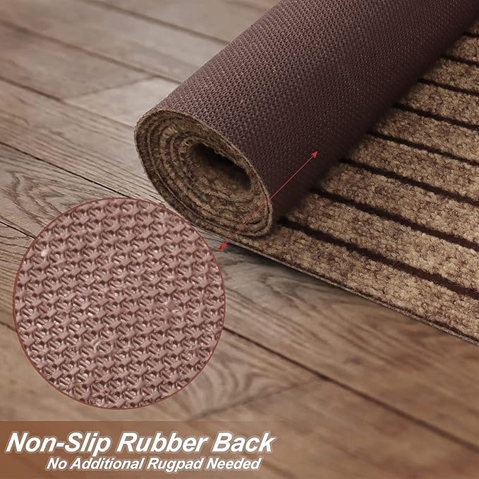 4' x 38' Runner Rugs with Rubber Backing, Indoor Outdoor Utility Carpet Runner Rugs, Stripe Brown, Can Be Used as Aisle for The RV and Boat, Laundry Room and Balcony
