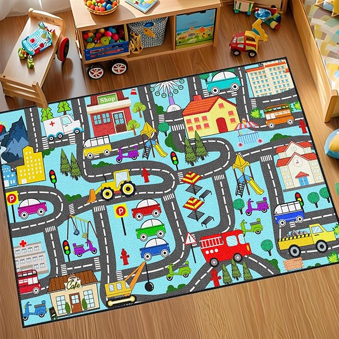 Car Mat for Kids Toy Cars - Car Track Rug Car Carpet for Kids Play Mat City Life Road Rug for Playroom Living Room Bedroom Classroom, 4'5''×6'