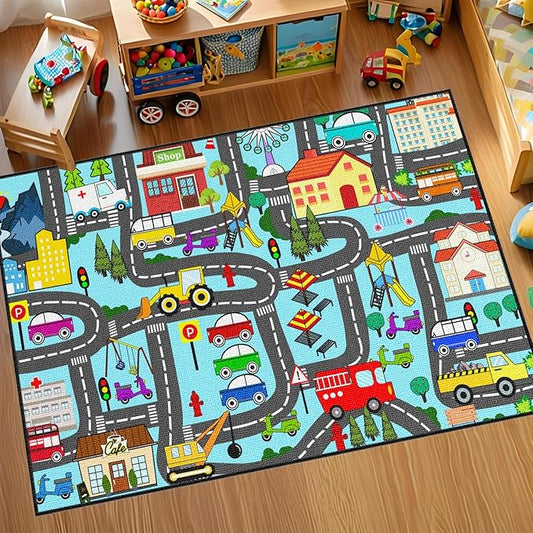 Car Rugs for Kids Toy Cars - Kids Carpet for Playroom Car Track Rug for Kids City Life Road Rug for Playroom Living Room Bedroom Classroom Decor, 2'5''×4'