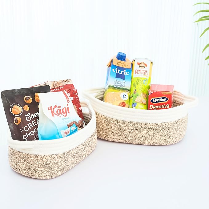MINTWOOD Design 5-Piece Small Decorative Woven Storage Baskets Set for Shelves, Bathroom, Pantry and Nightstand Organizer, Catch All Tray for Organizing Gifts, Dog and Cat Toys, Light Brown