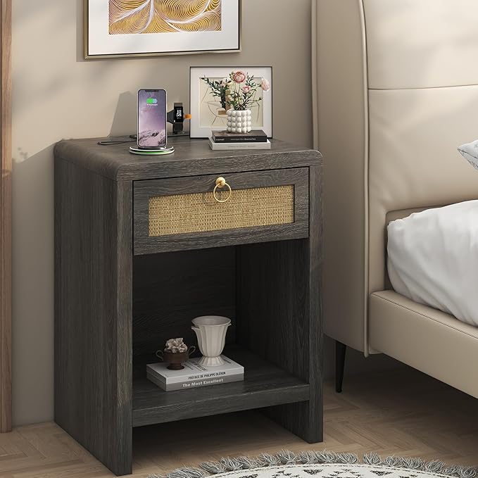 Rattan Nightstand Bedside Table, Nightstand with Charging Station, Boho End Table with Drawer and Storage Shelf, Wood End Table Night Stand for Bedroom, Small Space, Grey Oak