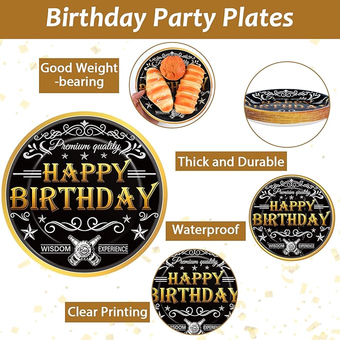 96 Pcs Aged to Perfection Birthday Party Plates Napkins Tableware Set Vintage Theme Birthday Supplies Disposable Dinnerware Black Gold Happy Birthday Party Decoration Favors for Men, 24 Guests