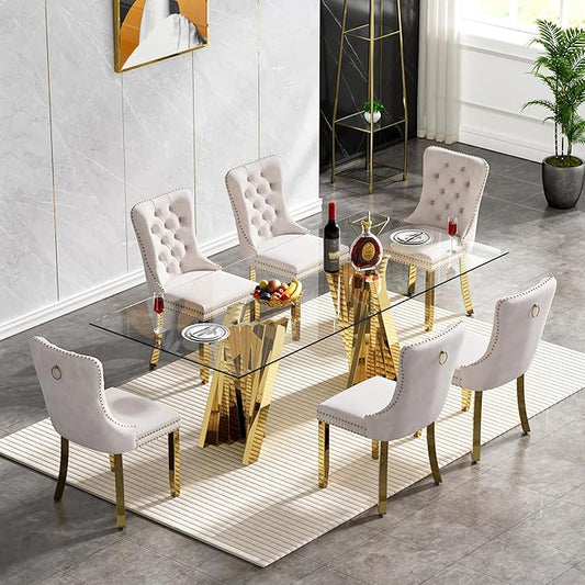 Goujxcy Modern 7 Piece Glass Dining Table Set Luxury Glass Kitchen Table and Chair Set for 6, 70" Large Rectangular Dining Room Table with 6 Tufted Chairs and Stainless Steel Legs (Gold & Beige)