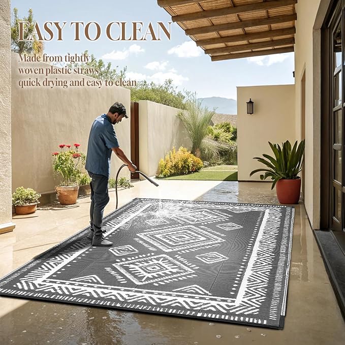 OMERAI Reversible Waterproof Outdoor Rug for Backyard,Plastic Textured Resistant Outdoors Rugs,Portable Washable Easy Cleaning Foldable Camping Beach Carpet for Patio Courtyard, 6'x9' Gray & White
